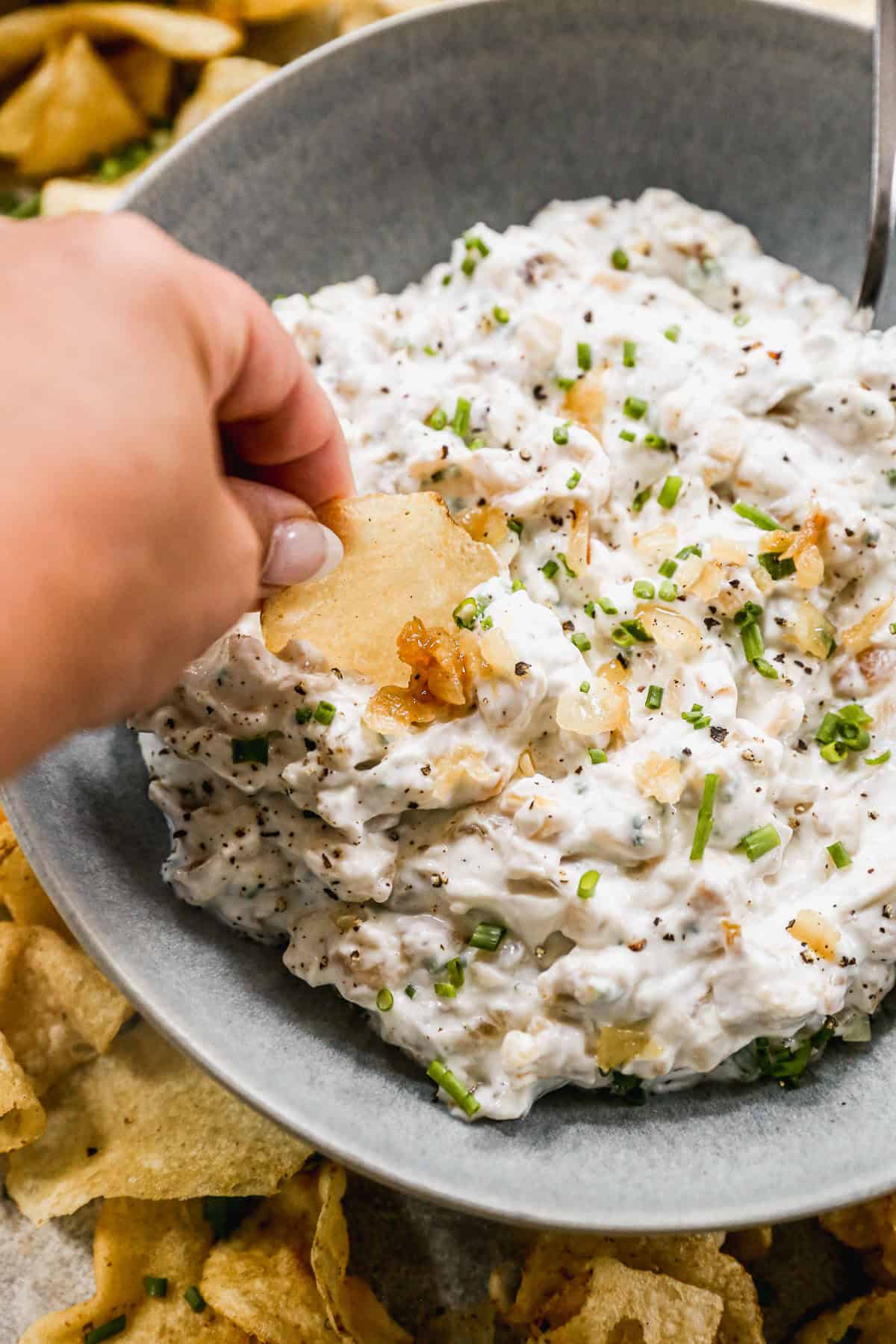A homemade french onion dip recipe with fresh caramelized onions and herbs, with someone dipping a chip in it.