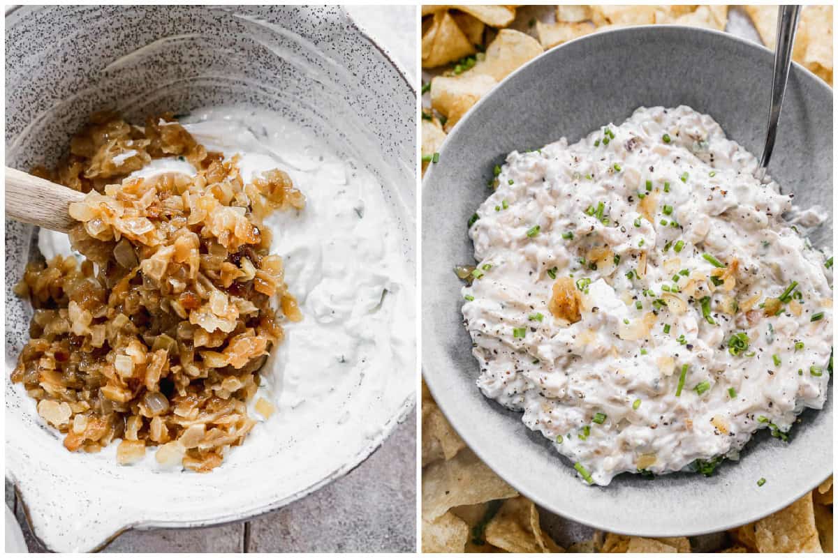 Two images showing how to make french onion dip by combining all the ingredients then serving in a bowl.
