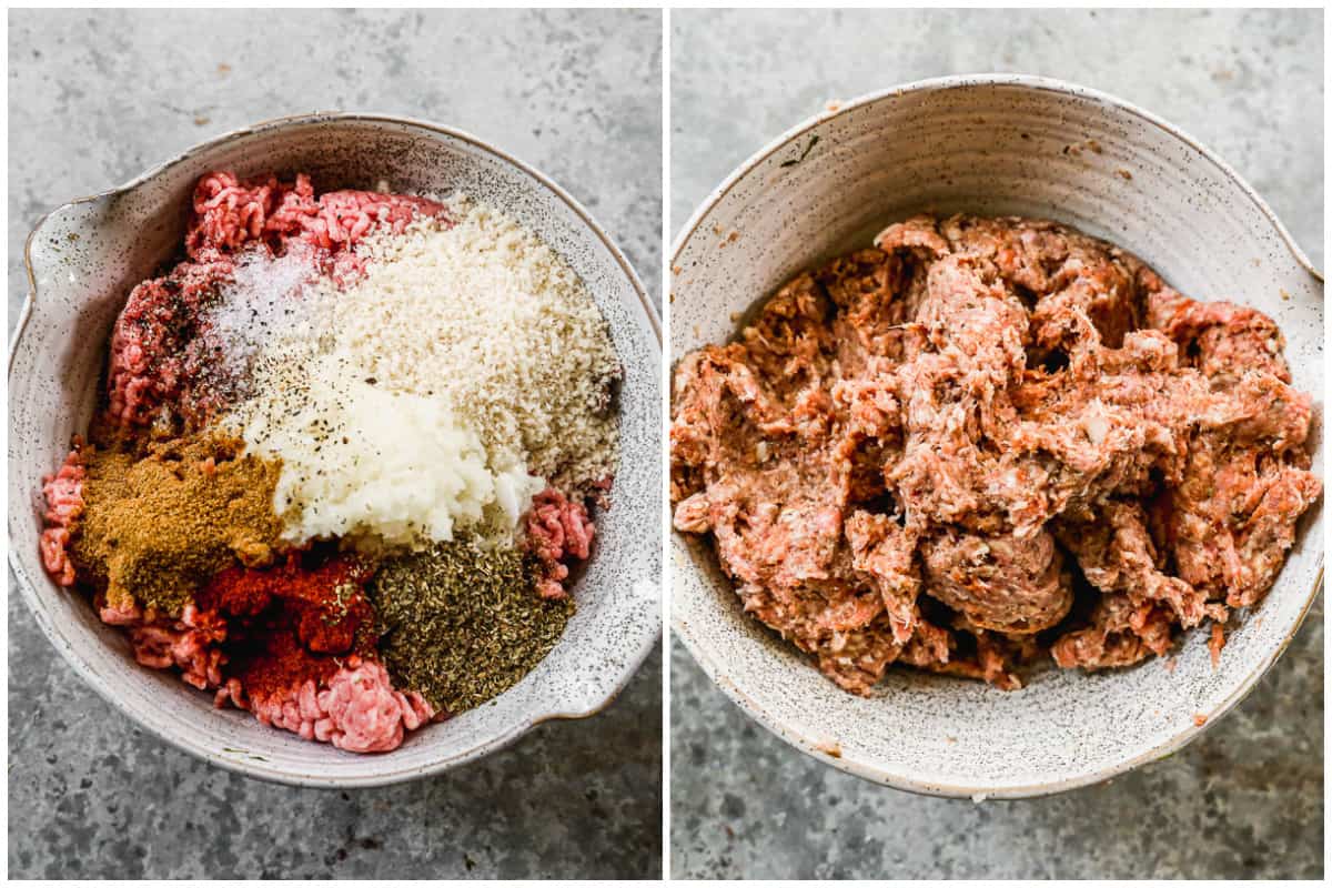 Two images showing ground beef, ground lamb, onion, and seasonings for gyro meat in a mixing bowl, and then after it's mixed together.