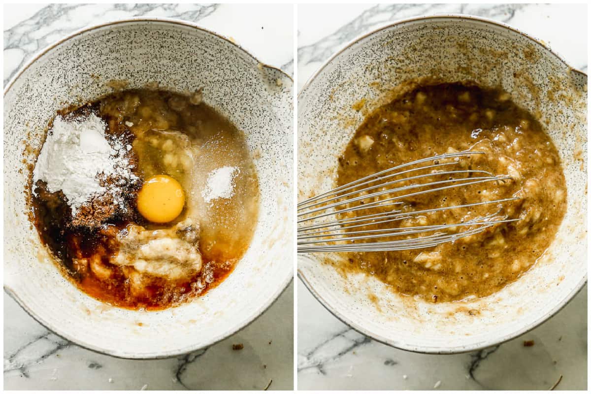 Two images showing mashed bananas, an egg, vanilla, sugar, and cinnamon dumped in a bowl and then combined.