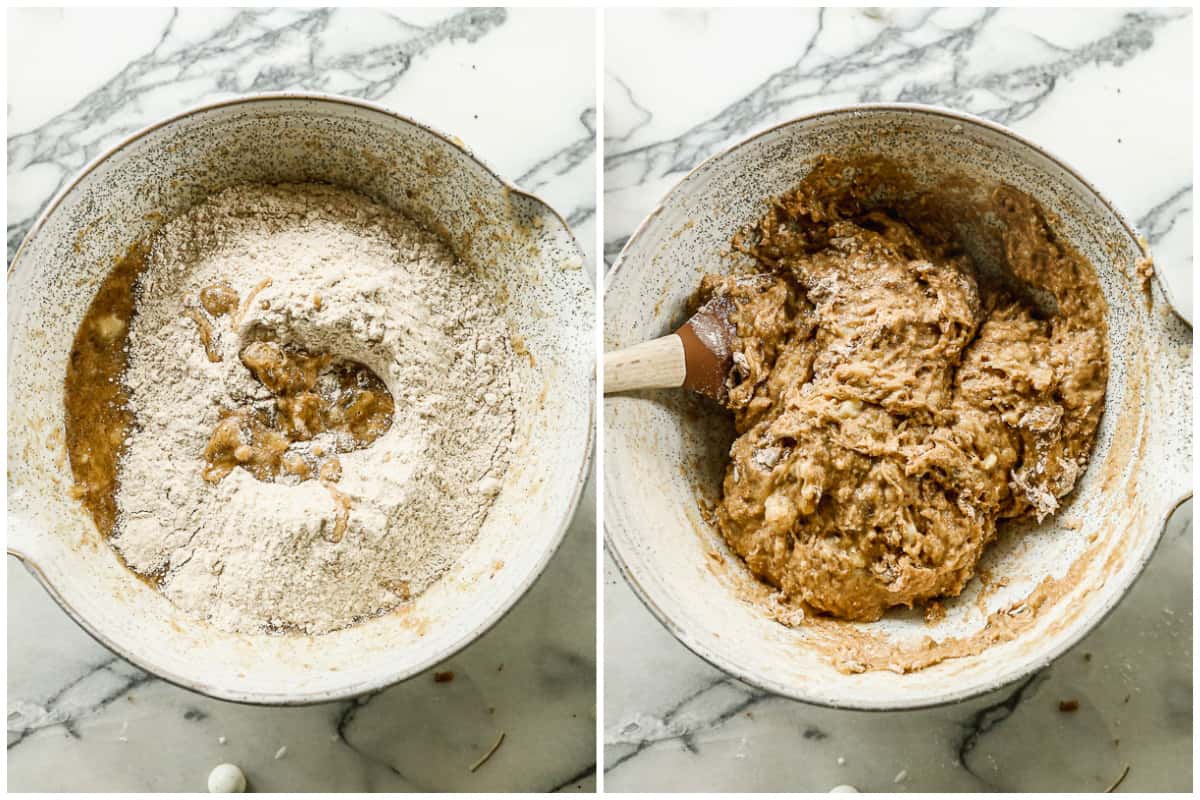 Two images showing flour added to a healthy banana bread muffin batter, and then after the flour is incorporated.