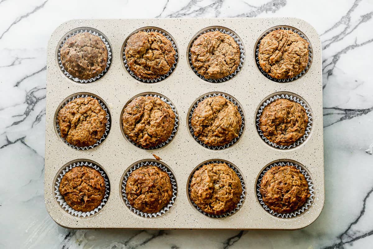 Easy healthy banana bread muffins fresh out of the oven.