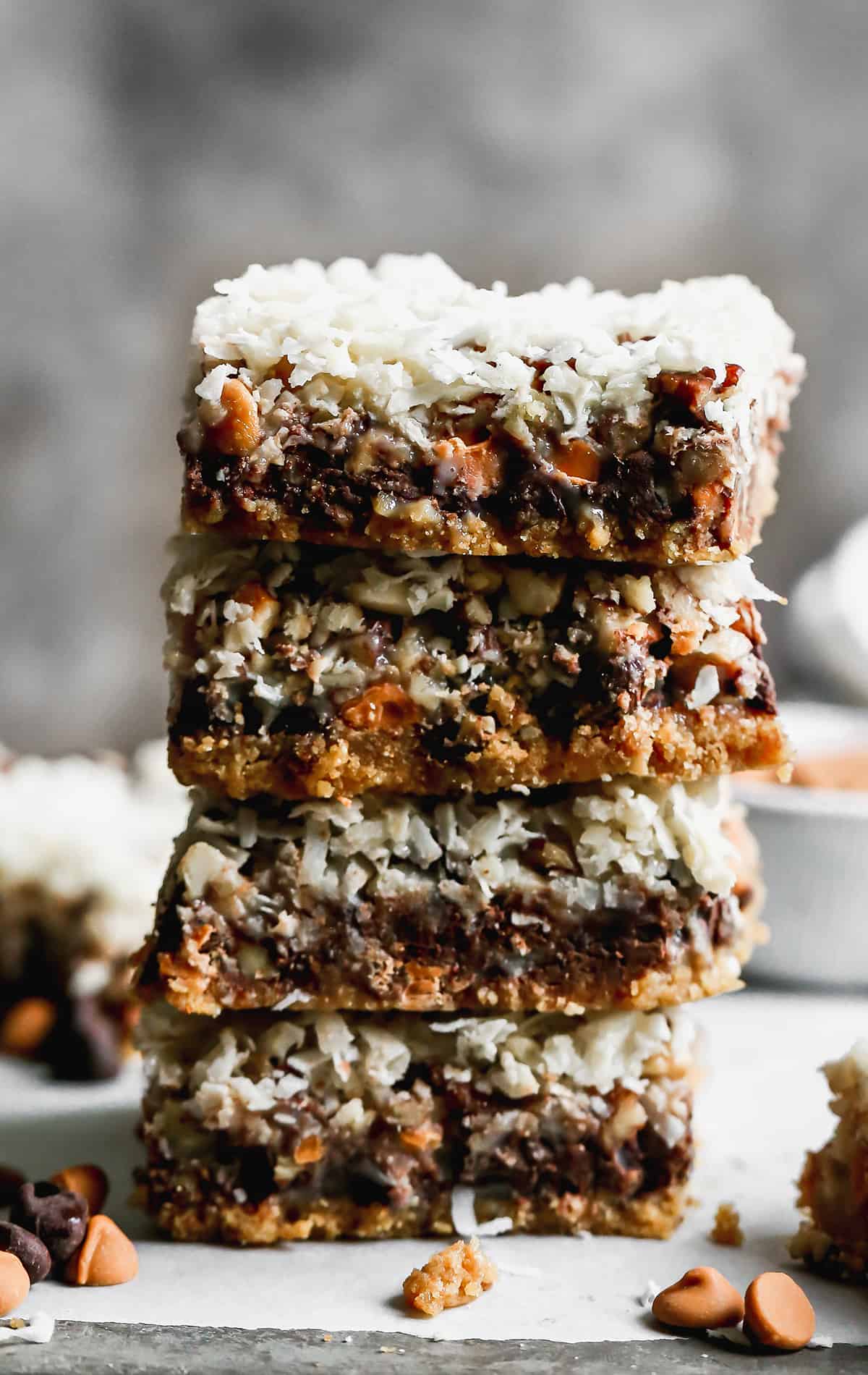 A stack of four Magic Bars, showing all the layers, ready to enjoy.