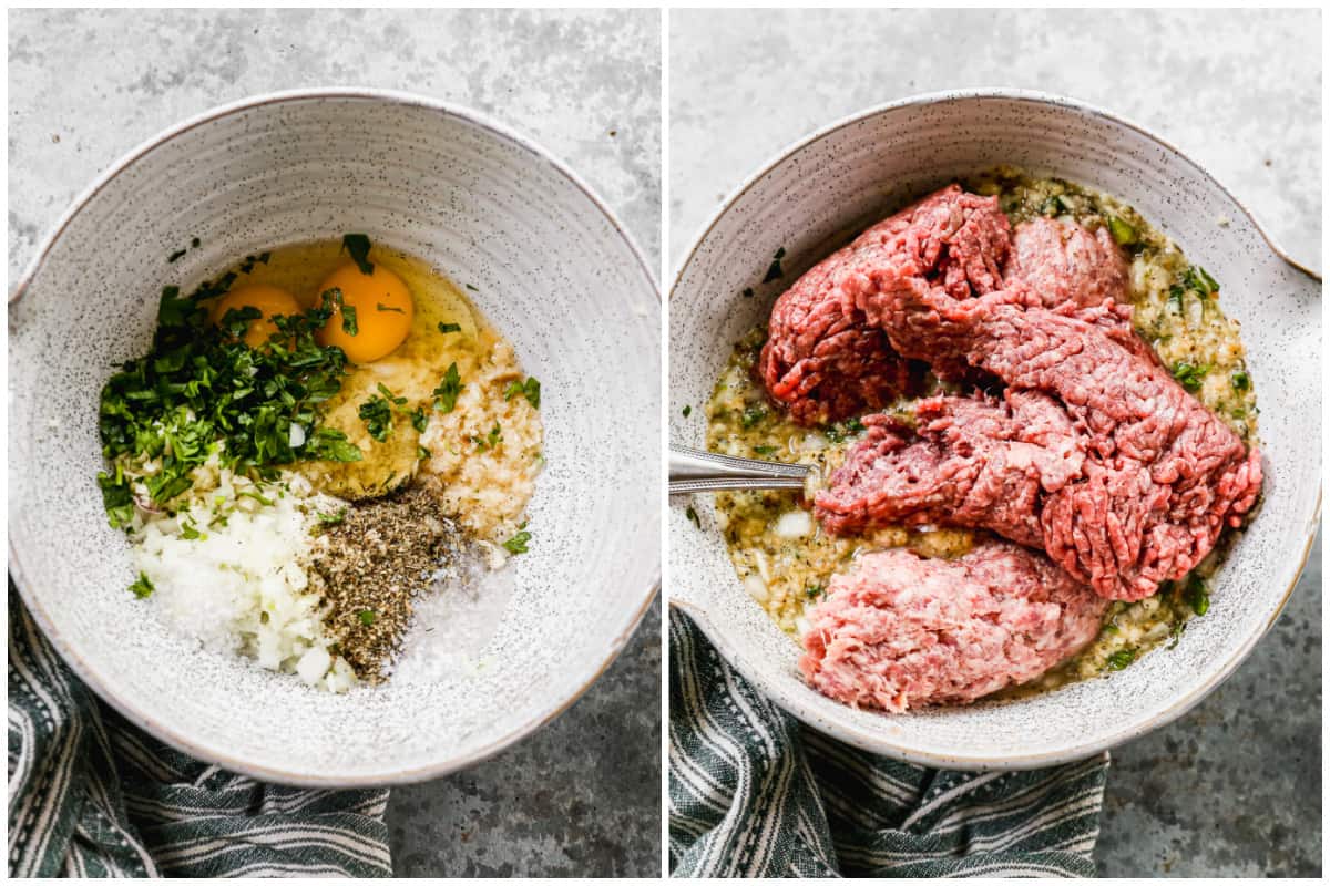 Two images showing the ingredients for meatballs in a white mixing bowl, then the beef added. 