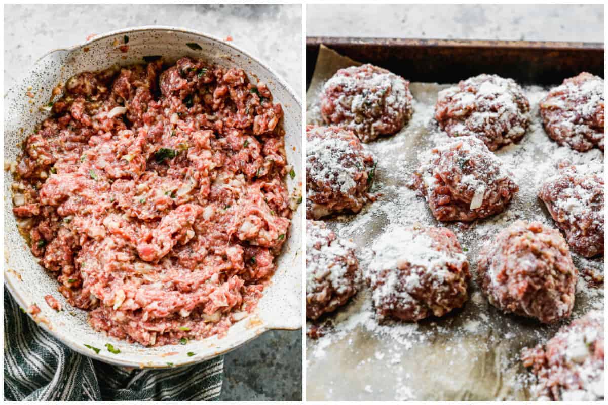 Two images showing a meatball mixture in a mixing bowl, then after it's formed into meatballs and dusted with flour.