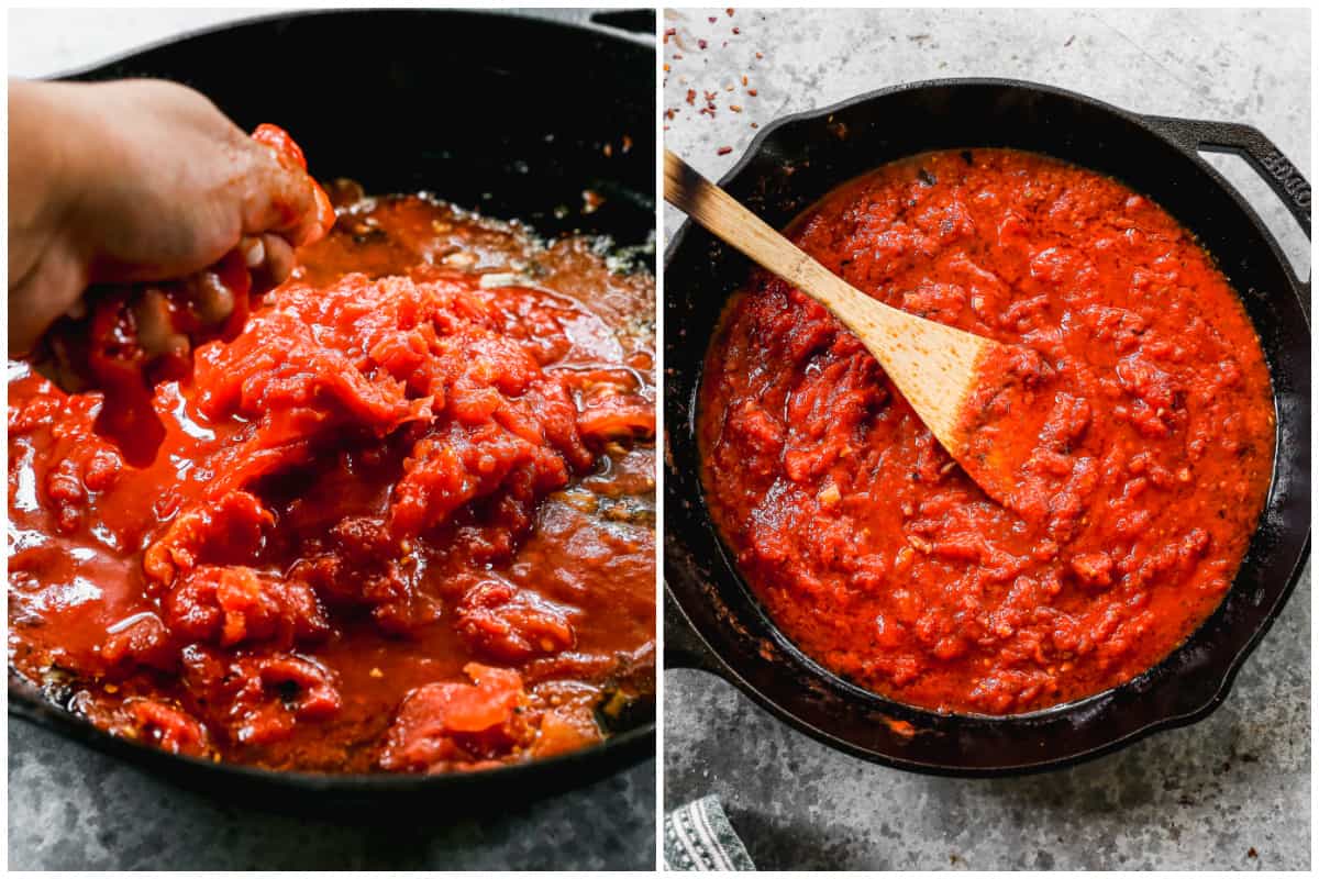 Two images showing someone crushing whole canned tomatoes with a hand, then after tomato paste and Italian seasoning is added.