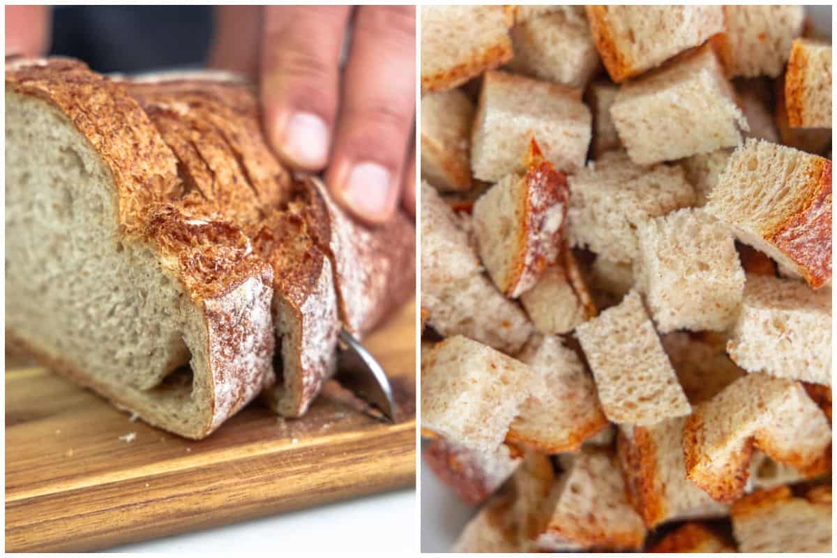 Two images showing rustic bread being cut, and then the bread in cubes for the best Panzanella Salad recipe.