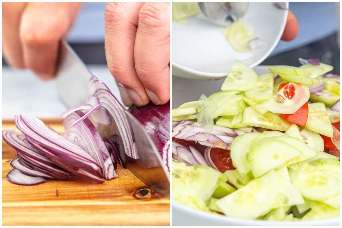 Two images showing red onions being diced and then cucumbers, tomatoes, and red onions in a bowl.