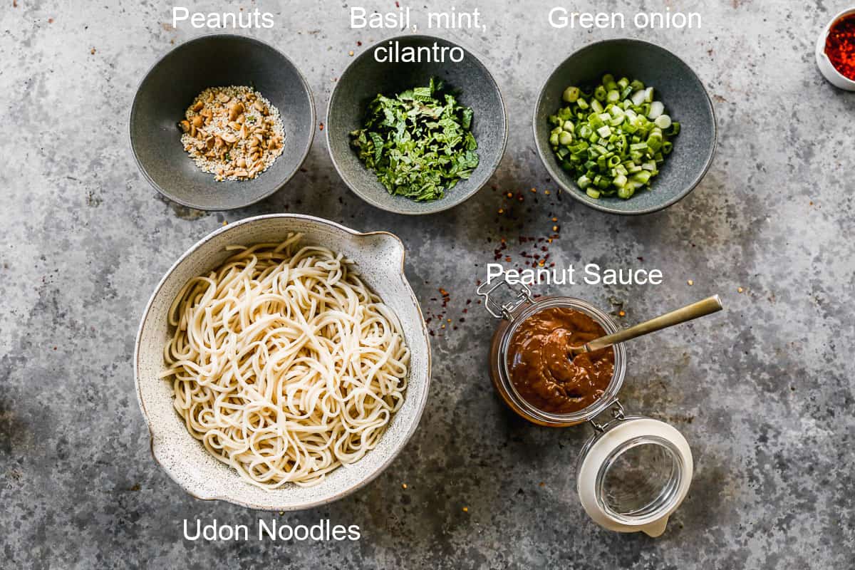 The ingredients needed to make peanut noodles, including udon noodles, peanut sauce, and fresh herbs for garnish.