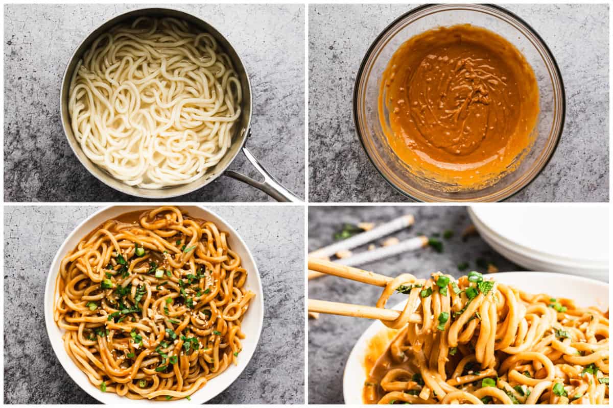 Homemade Peanut Noodles are so easy to make! Just cook the pasta, stir up the sauce, combine, and top it with green onions, peanuts, and herbs.