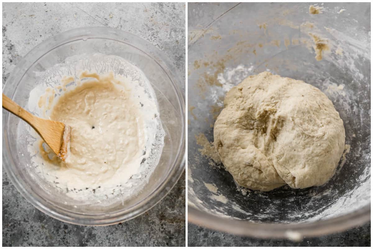 Two images showing the beginning stages of dough for pita breads, then after the rest of the flour is added.