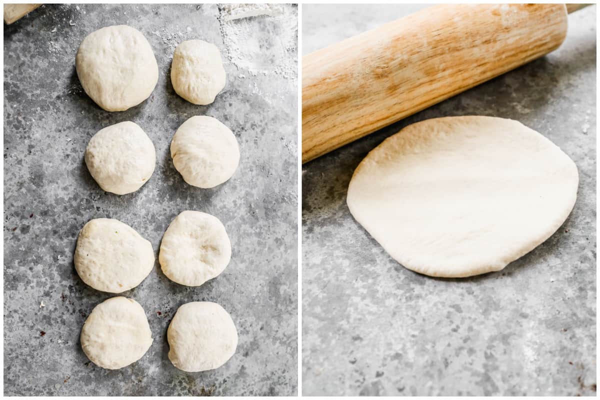 Two images showing how to make pita breads by separating the dough into sections and rolling each one out.