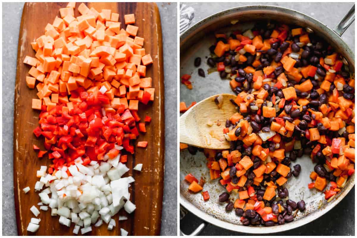 Two images showing sweet potato, red bell pepper, and onion on a cutting board, and then those veggies and black beans being sautéed in a stainless steel pan.