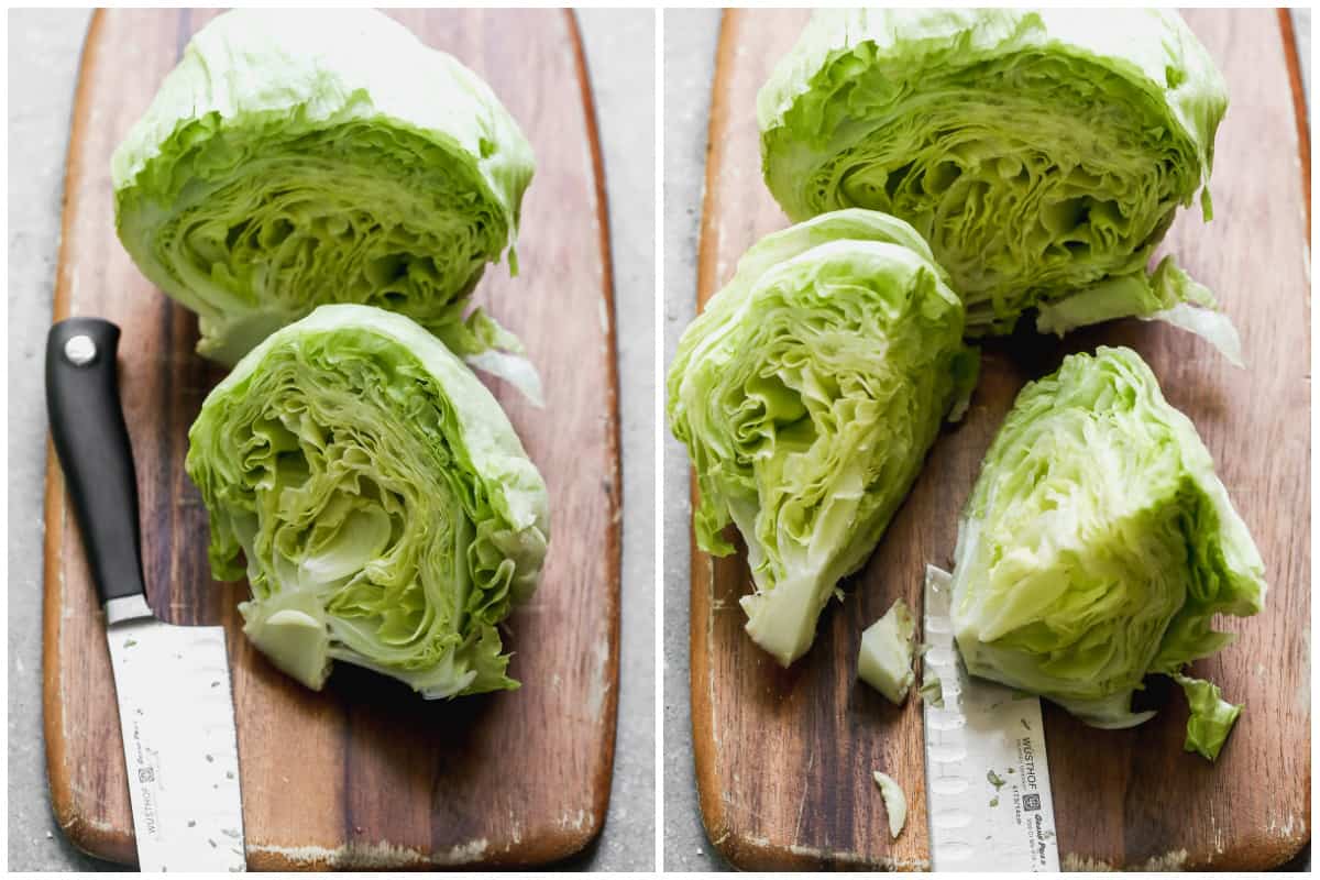 Two images showing how to cut a wedge salad from iceberg lettuce.