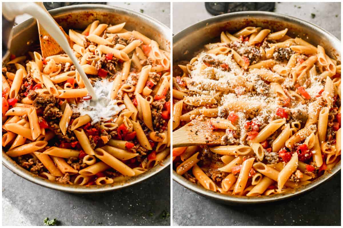 Two images showing half and half and parmesan being poured on top of the best Baked Ziti.