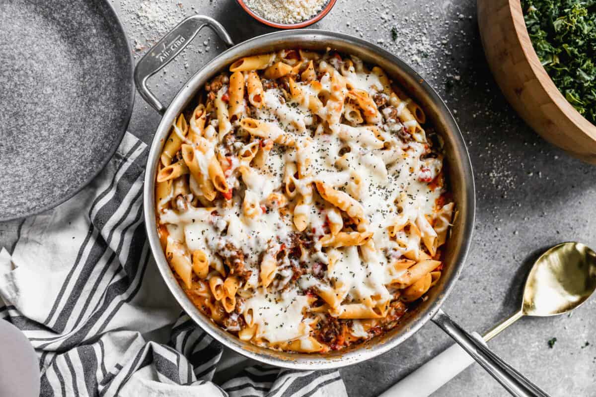 An easy Baked Ziti recipe with melted mozzarella cheese, ready to serve.