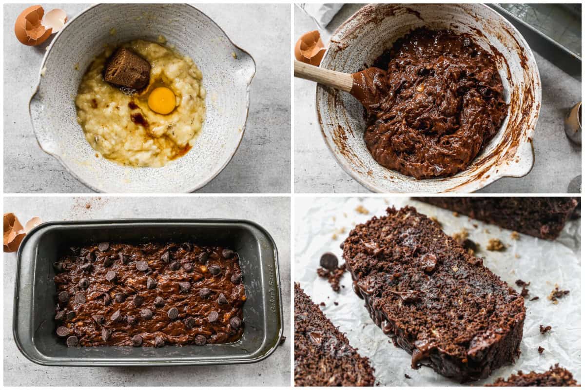 To make an easy double chocolate banana bread recipe, first combine the wet ingredients then fold in the dry ingredients and finally bake in a loaf pan and enjoy the rich and gooey banana bread warm. 