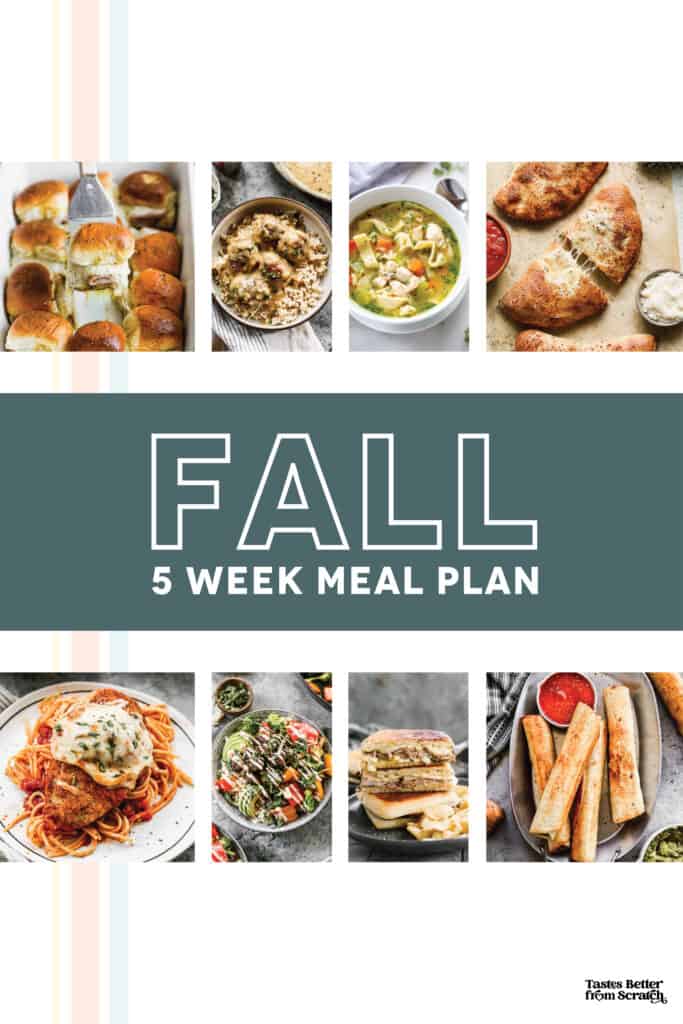 a collage of 8 images from our 5 week fall meal plan.