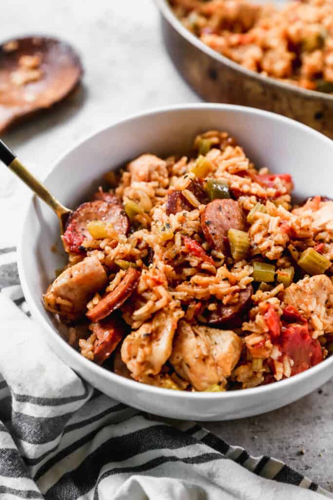 An easy Jambalaya recipe in a white bowl, ready to serve.