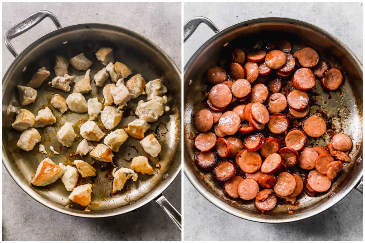 Two images showing chicken and sausage being sautéed in a pan for an easy Jambalaya recipe.