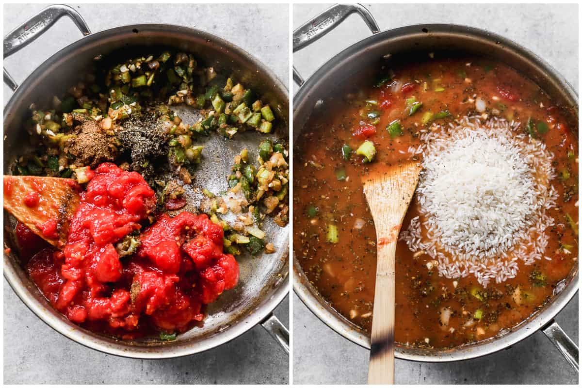 Two images, one with basil, cajun seasoning, diced tomatoes, salt, and pepper in a pan and then after chicken broth and rice is added.