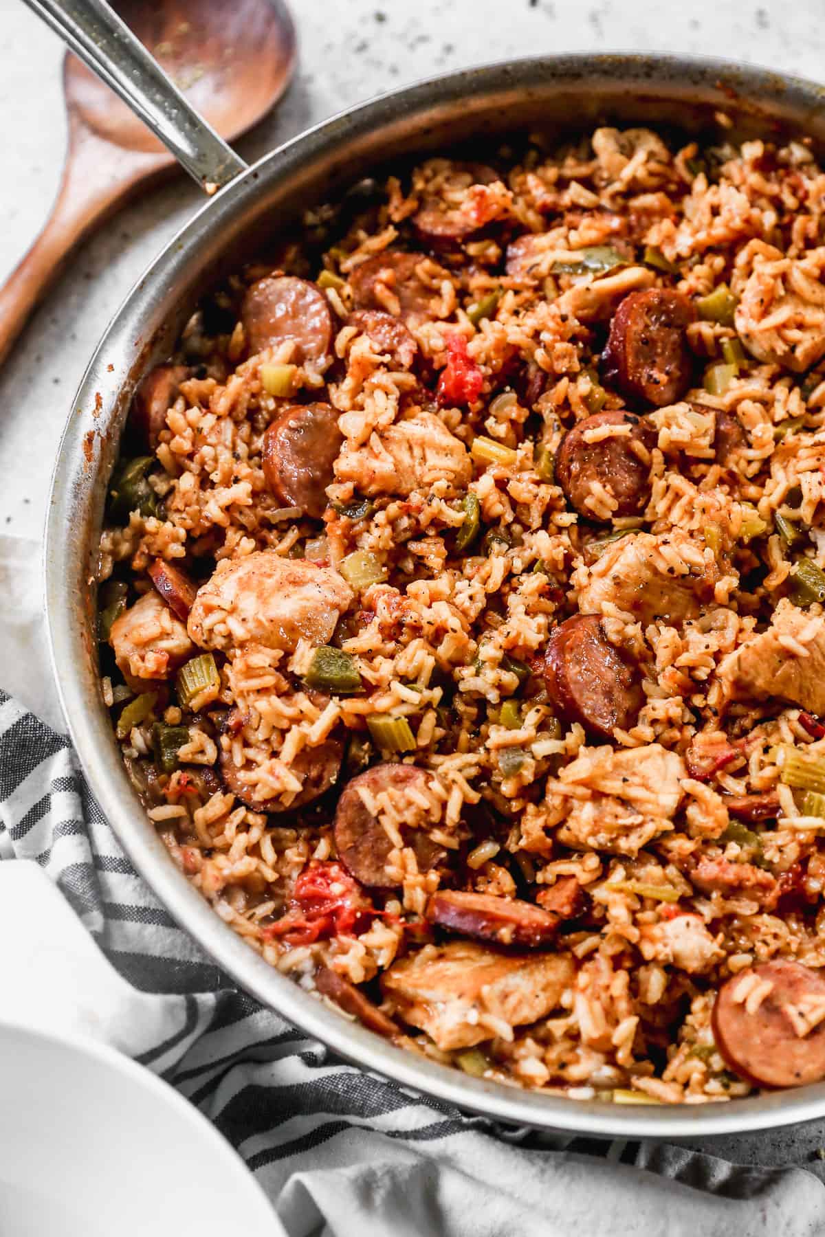 A pan filled with the best Jambalaya recipe with chicken, sausage, and vegetables. 