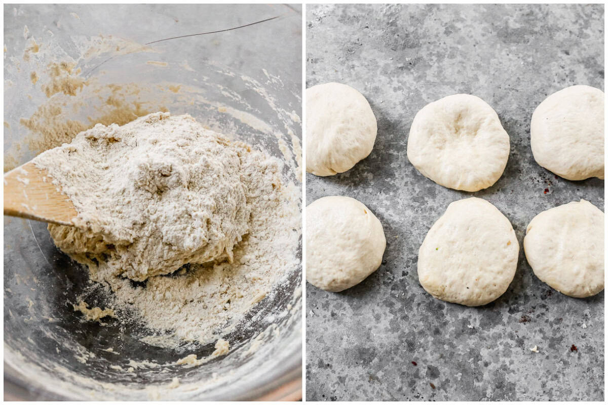 Two images showing how to make pita bread by making a dough then separating it into equal pieces after it's done rising. 