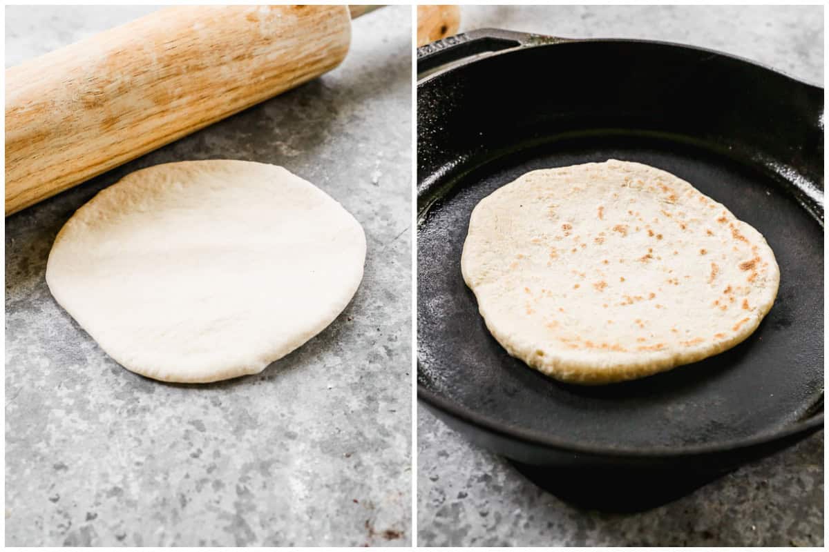 Two images showing an easy pita bread recipe rolled out with a rolling pin then when it's being cooked in a cast iron pan. 