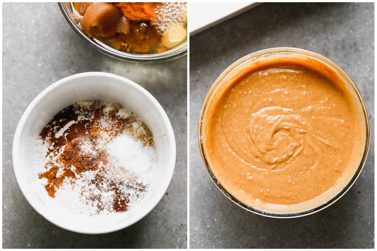 Two images showing flour, baking soda, baking powder, spices, and salt in a mixing bowl, then the wet ingredients mixed in to make a pumpkin cake batter.