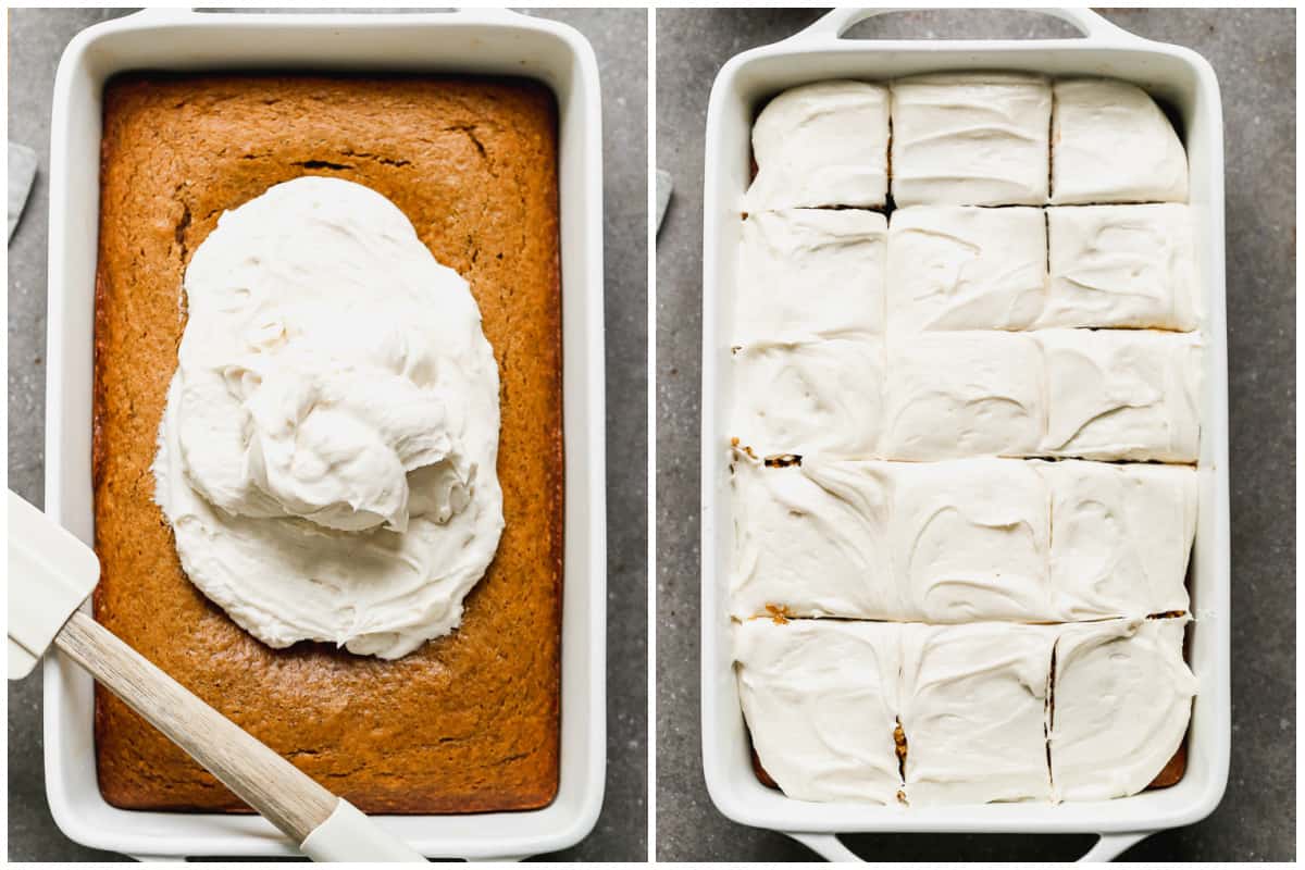 Two images showing a freshly baked Pumpkin Cake out of the oven with cream cheese frosting dumped in the center, then the cake after the frosting is spread and sliced.