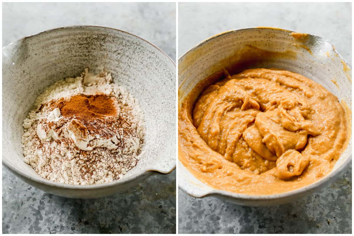 Two images showing flour, spices, baking soda, baking powder, and salt in a bowl then after the dry ingredients are combined with the wet ingredients for pumpkin cream cheese muffins.