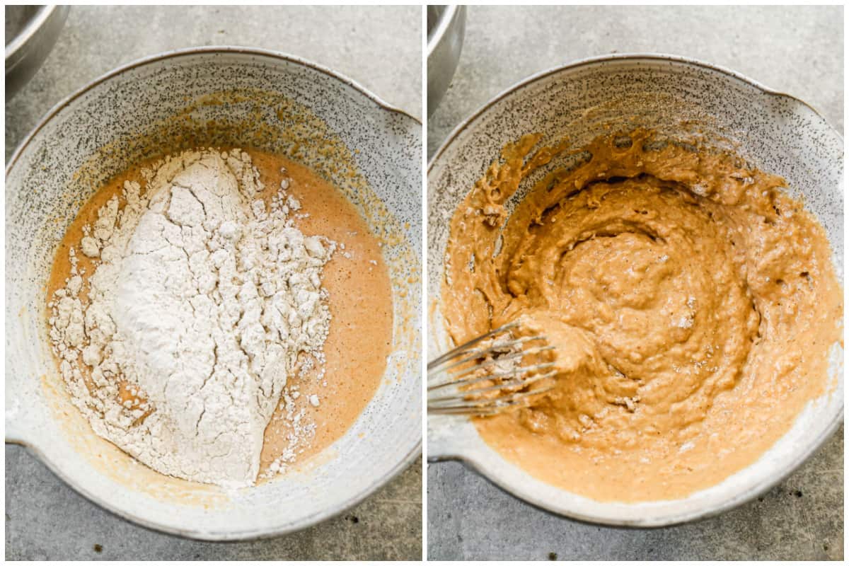 Two images showing dry ingredients added to a pumpkin pancake batter, then after it's incorporated.