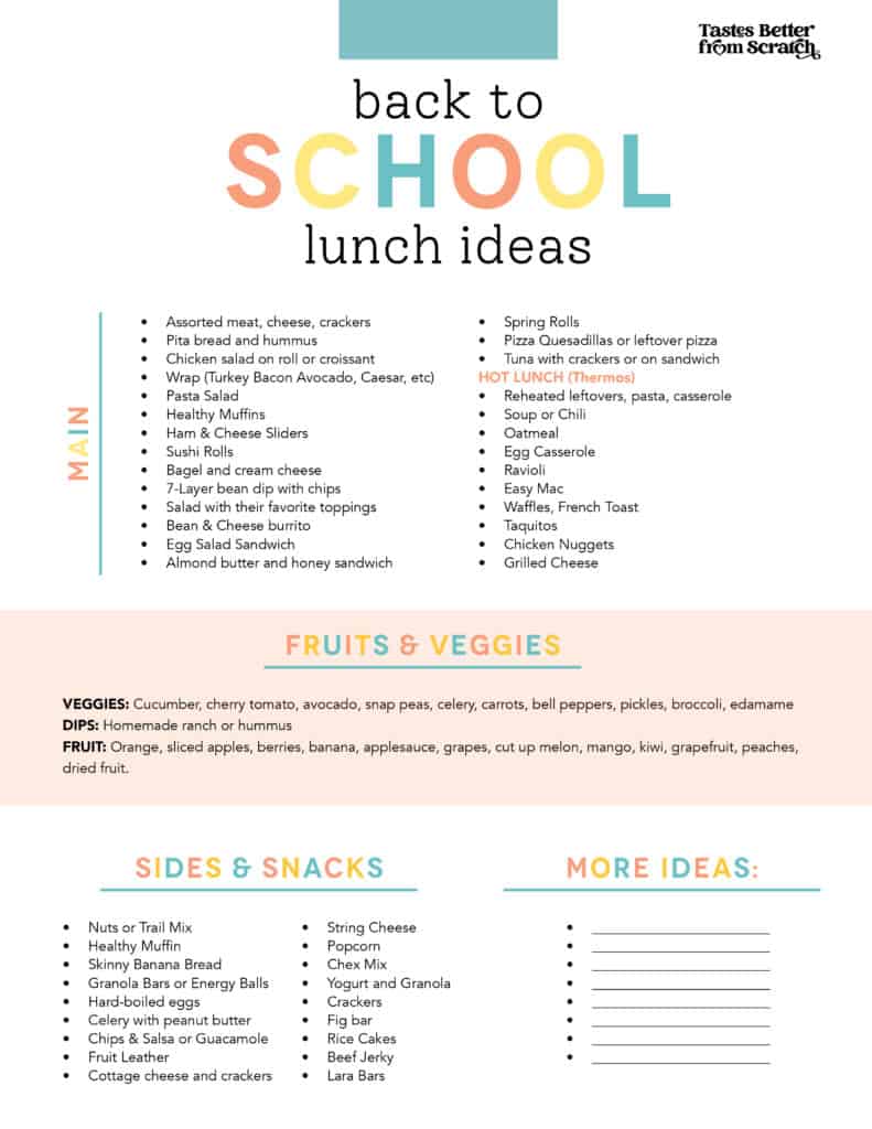 a list of back to school lunch ideas.