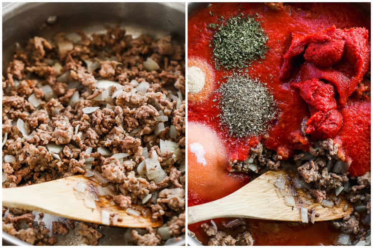 Two images showing how to make a homemade meat sauce: first browning the meat and onion, then adding tomato sauce, tomato paste, water, and spices.