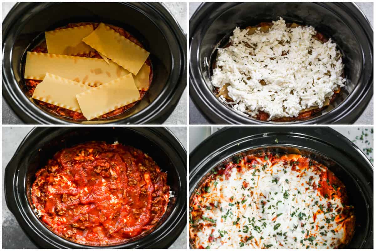 Four images showing the process of layering a lasagna in a slow cooker.