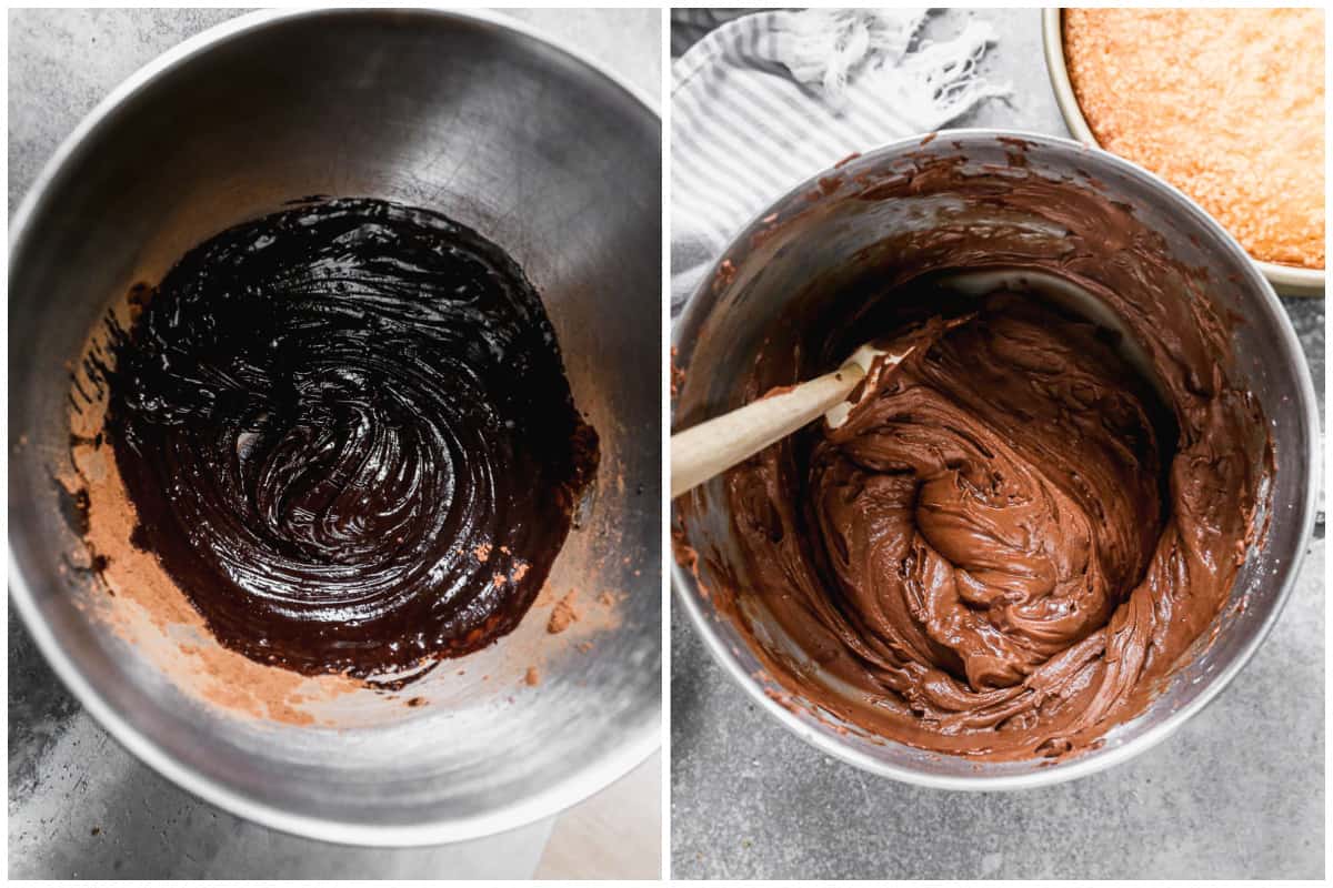 Two images showing how to make homemade chocolate frosting, first combining melted butter and cocoa, then after the powdered sugar, vanilla, and milk are mixed in. 
