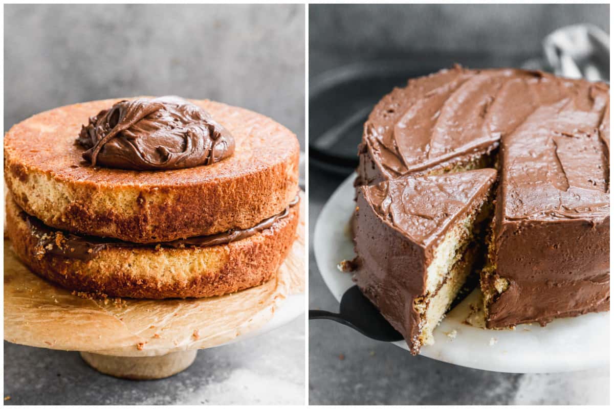 Two images showing how to frost a yellow cake with chocolate frosting.