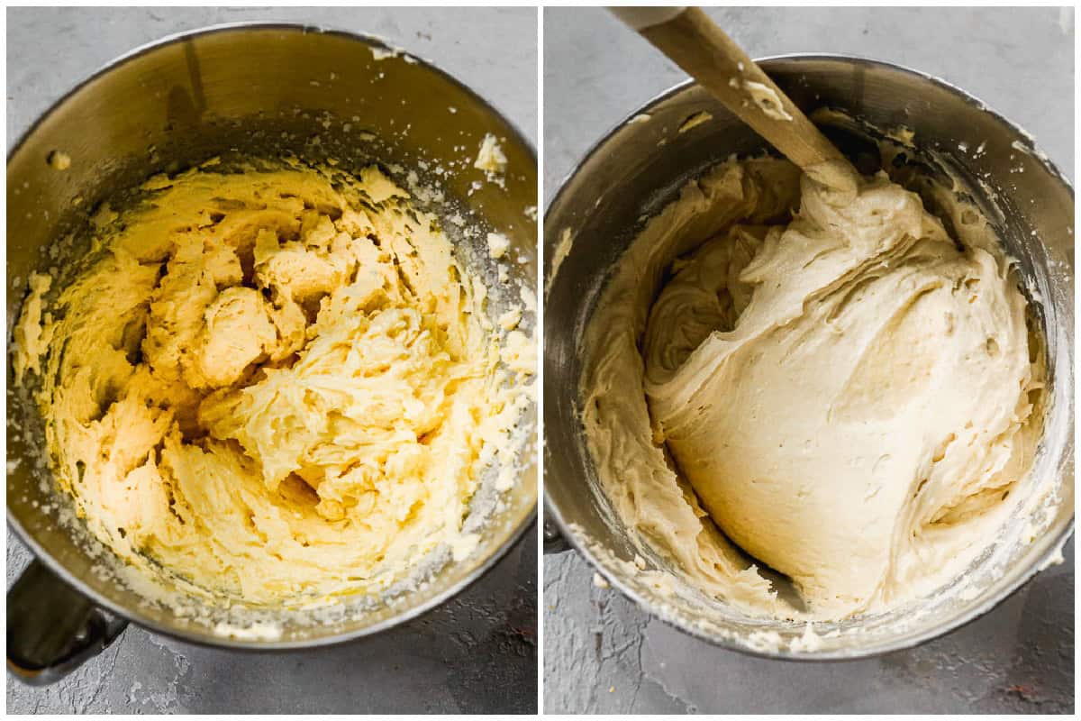 Two images showing how to make yellow cake by combining the wet ingredients then adding the dry ingredients and buttermilk to make a smooth batter.