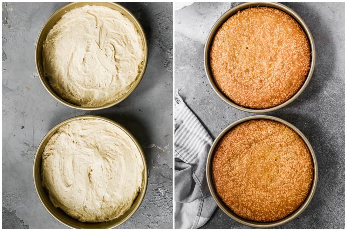 Two images showing an easy yellow cake recipe in two cake pans before and after baking.