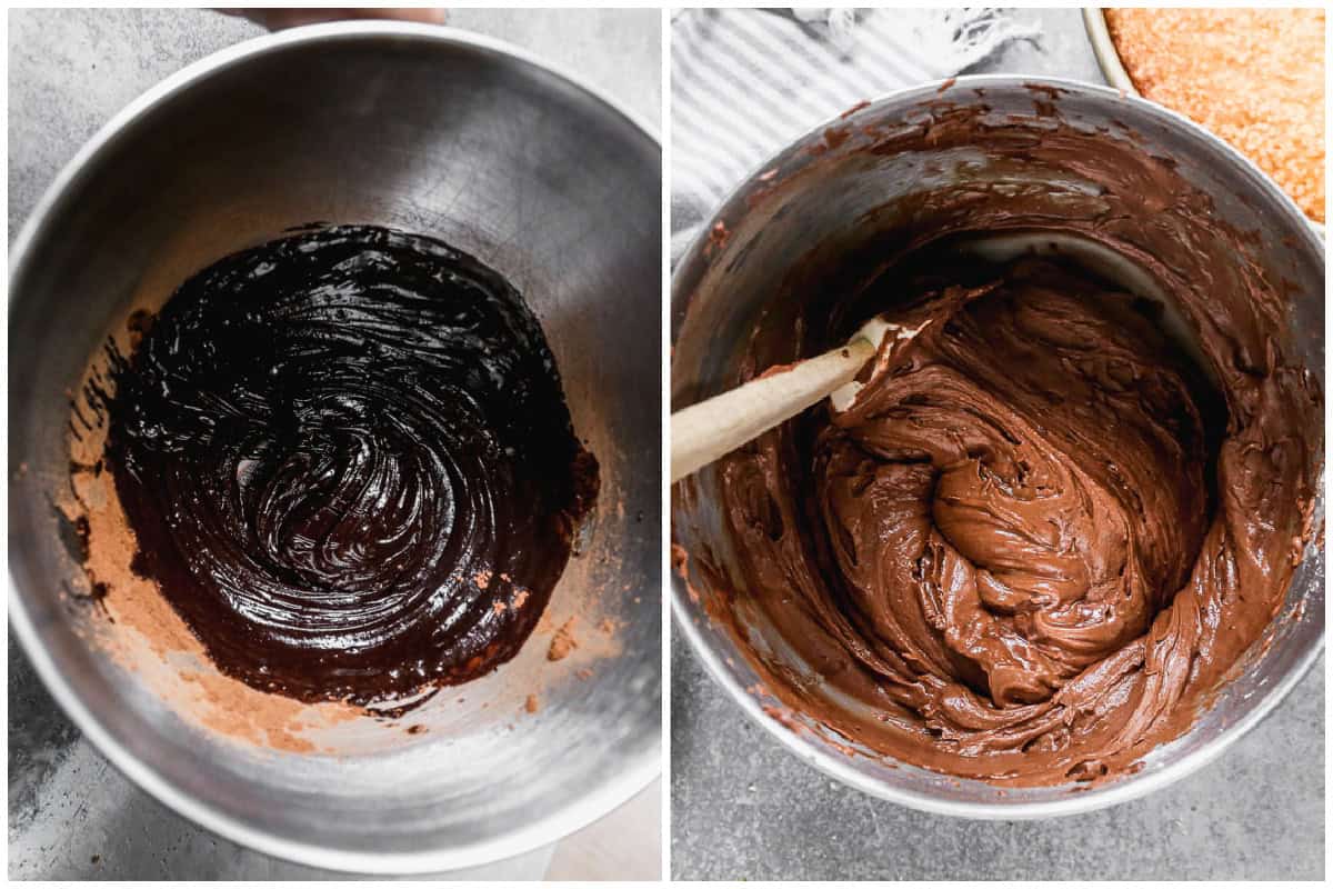 Two images showing melted butter and cocoa powder combined then after powdered sugar, milk, and vanilla are added to make a smooth chocolate frosting.