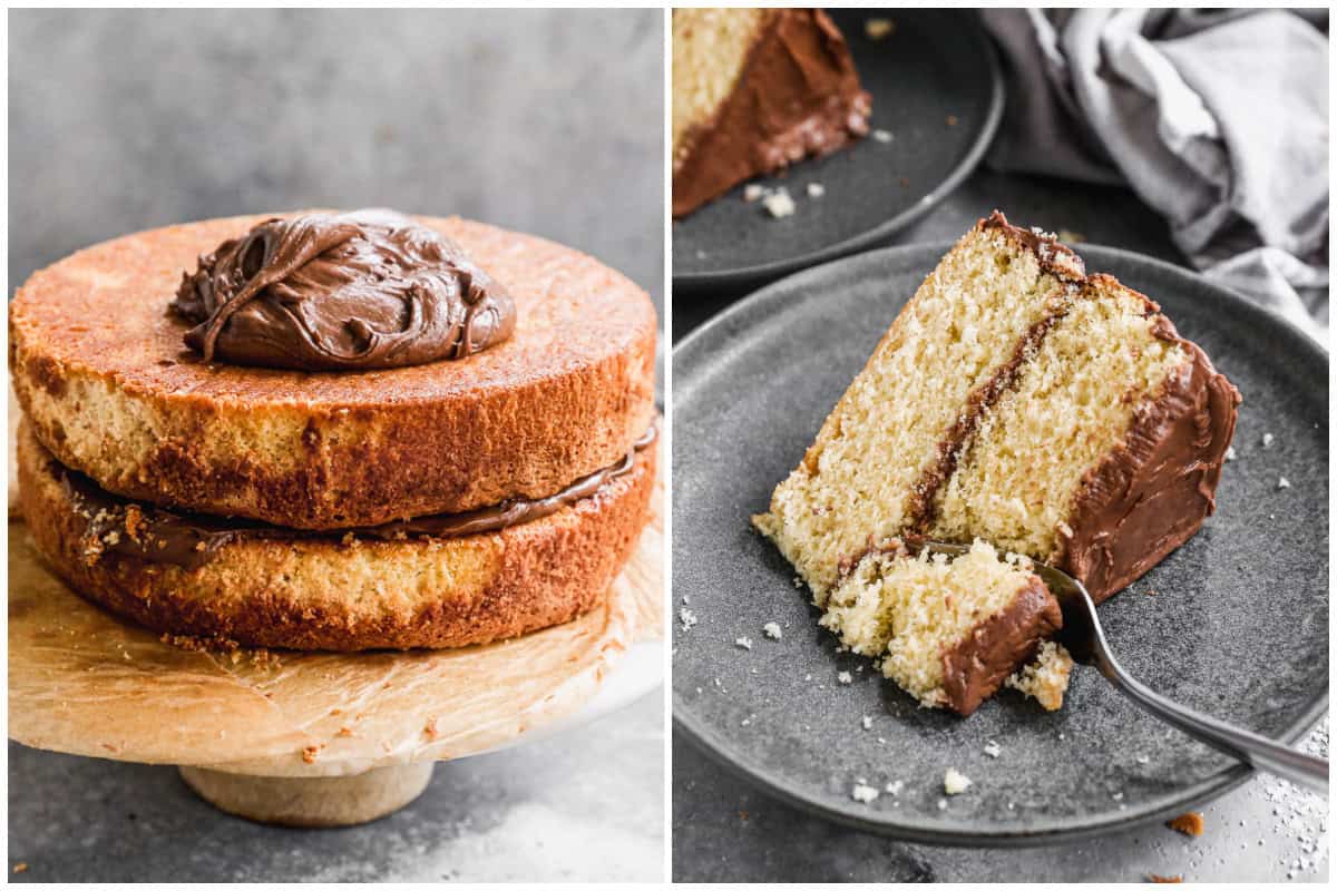 Two images showing the best chocolate cake recipe being frosted with chocolate frosting then after a piece is served on a plate with a fork cutting into it.