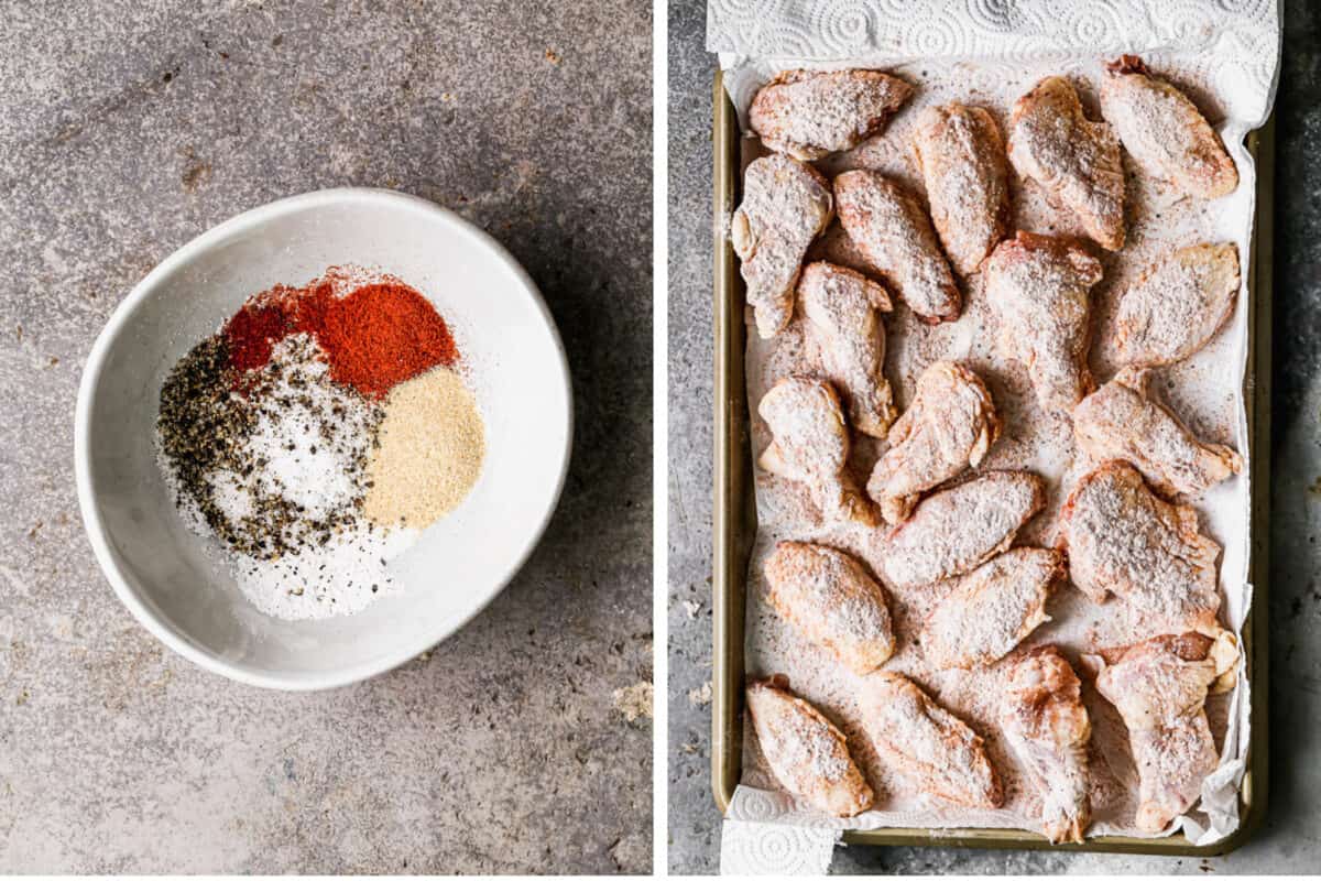 Two images showing spices in a bowl for an easy air fryer wings recipe, and then the wings after they are coated in the spices.