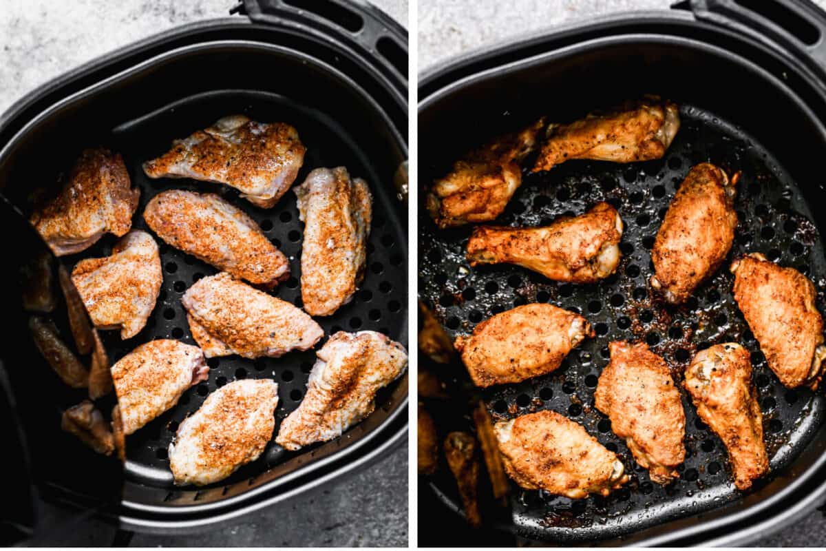 Two images showing crispy air fryer chicken wings before and after being cooked in the air fryer.