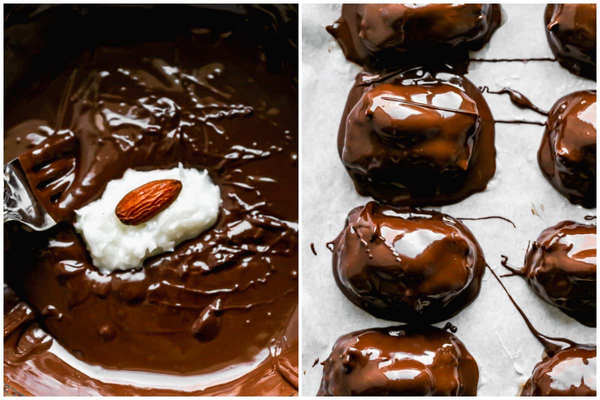 Two images showing the process of dipping homemade almond joy candy into chocolate for the best almond joy recipe.