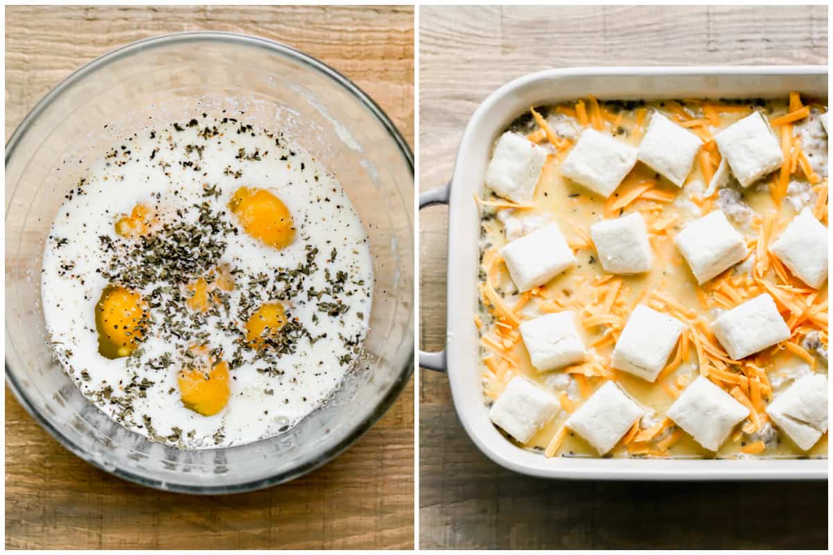 Two images showing eggs, milk, and spices in a bowl then that mixture poured in a baking dish and topped with cheese and biscuit dough.
