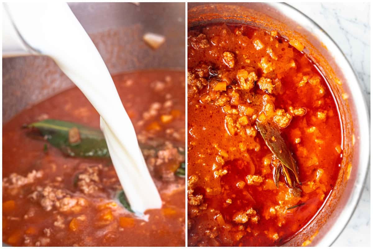 Two images showing milk being added to an Italian bolognese sauce, then the sauce simmering in a pot.