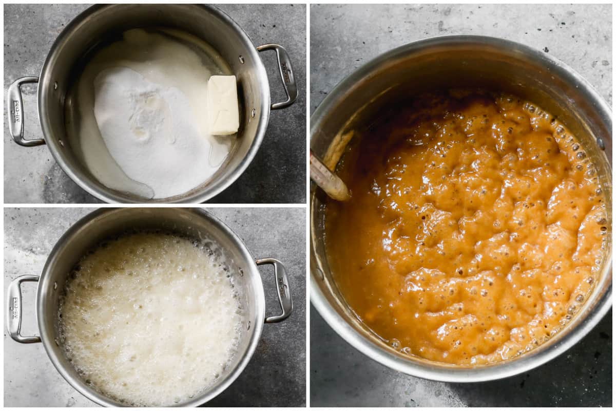 Three images showing butter, sugar, and corn syrup in a pot, after it's boiling, and finally when it turns to caramel.