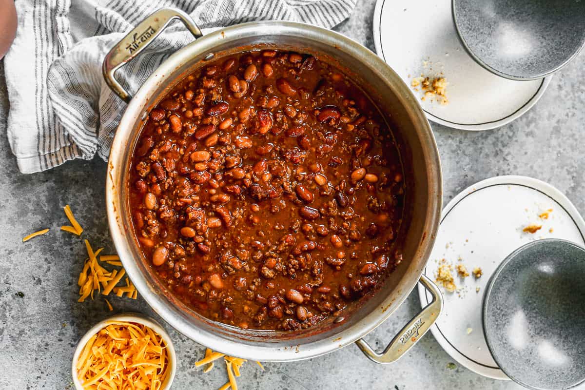 A classic chili recipe in a large pot, ready to serve.