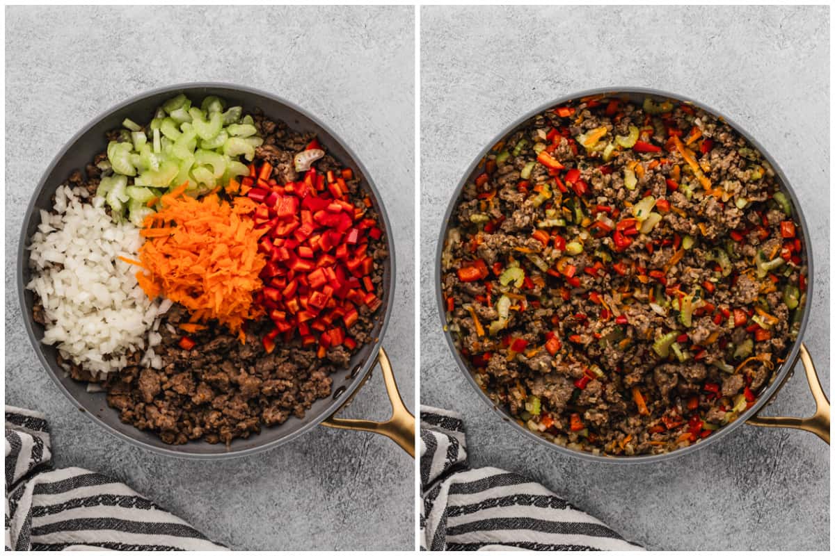 Two images showing ground sausage cooked in a pan with carrots, diced onion, red bell pepper, and chopped celery in a pan, and then after it's mixed.