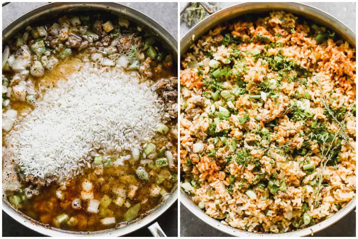Two images showing how to make dirty rice by cooking the meat and vegetables then after rice, broth, ans spices are added and it's cooked and ready to serve.